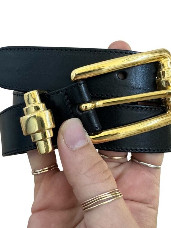 Vintage 1990s Express Black Leather Gold Buckle Waist Belt Sz S Made in Italy